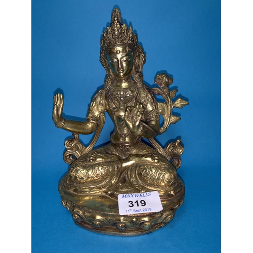 319 - A gilt bronze female buddha sat in meditative pose with mark to base height 21cm