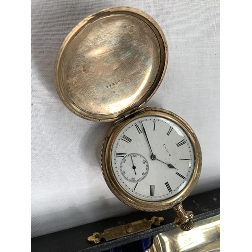 325 - An Elgin hunter pocket watch in gold plated case; a pair of fish servers; silver bands, cased; a set... 