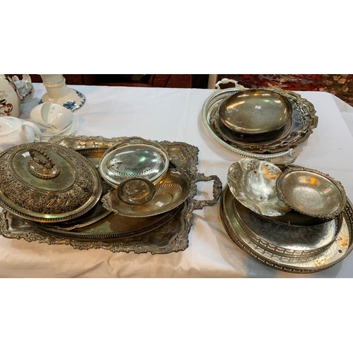 333 - A Victorian style EPNS 2 handled tray; a similar entrée dish and cover; a selection of EPNS trays