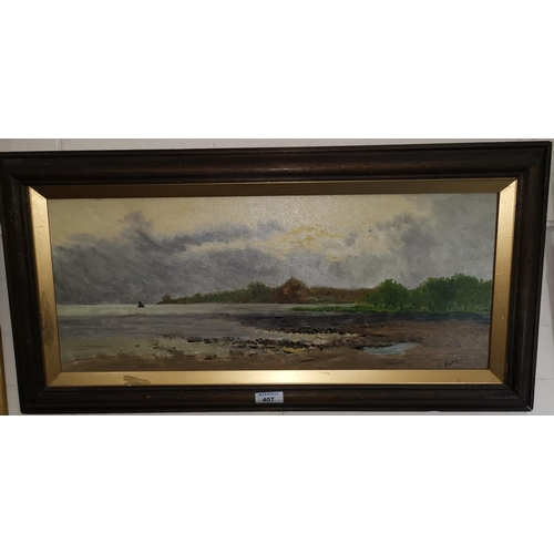 407 - GEORGE HARE, oil on board, coastal scene, Anglesey with storm cloud, signed 24 x 58cm, framed