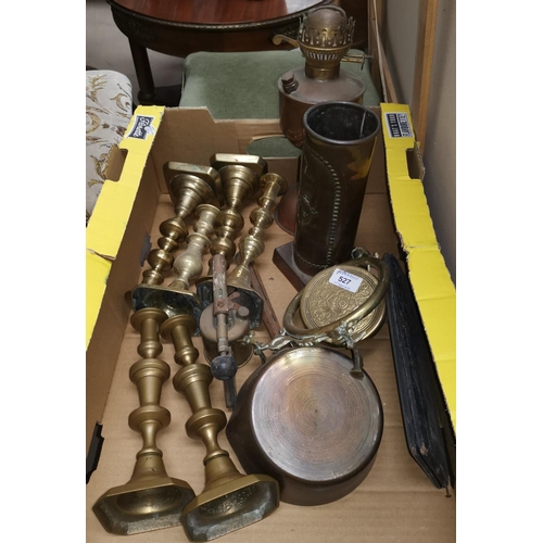 527 - A copper oil lamp, an Arts & Crafts style copper poker stand and a selection of metalware