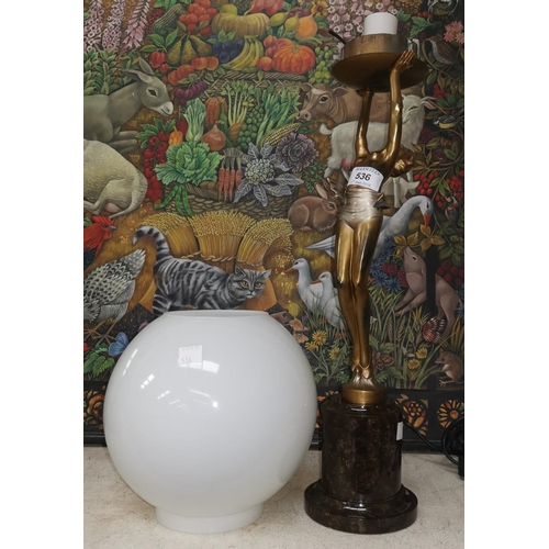 536 - A 1930's Art Deco gilded metal table lamp depicting a dancing woman on marble base, with white globe... 