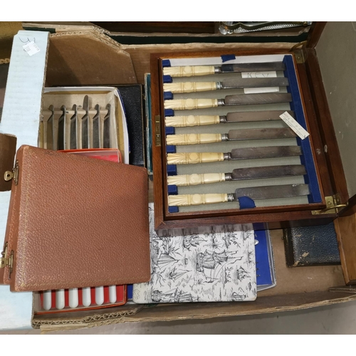 398 - An oak boxed set of ivory handled knives and forks and a selection of other boxed cutlery