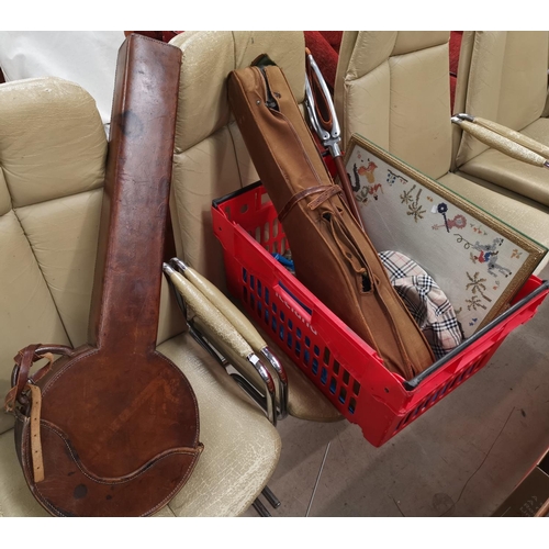 537 - A vintage leather banjo case; a violin case; a shooting stick; a Burberry cap; etc.