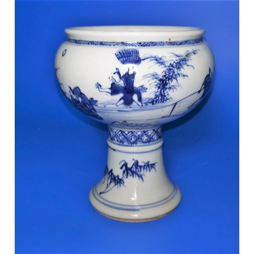 165a - A Chinese porcelain blue and white goblet decorated with farming scenes, ht 14.5cm