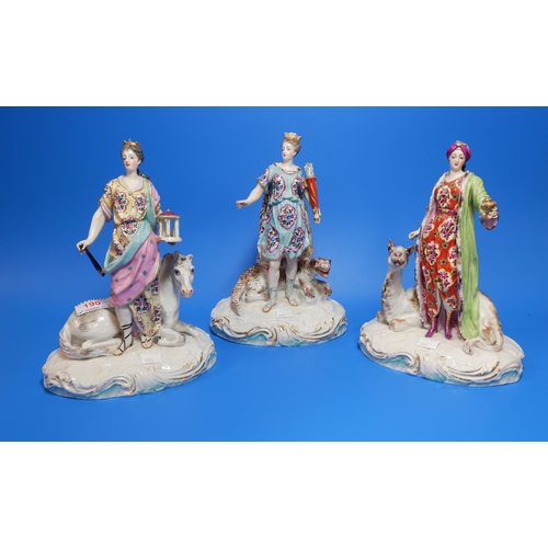 190 - A 19th century set of 3 Dresden style groups:  crowned females with horse, camel & crocodile respect... 