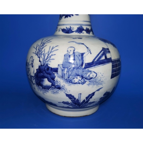 176 - A Chinese blue and white ceramic gourd vase with elongated neck and garlic mouth, decorated with tra... 