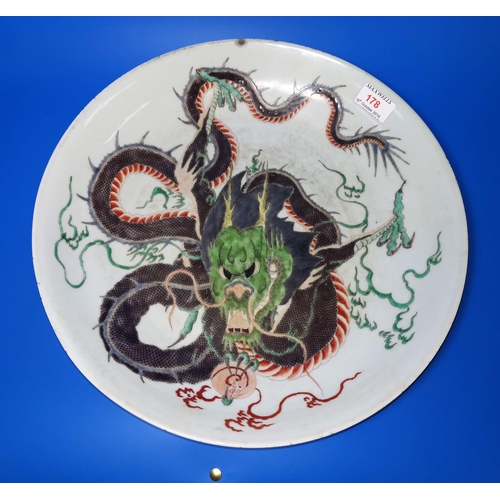 178 - A Chinese Kang Shi period style Famille Verte charger decorated with large dragon to centre with fur... 