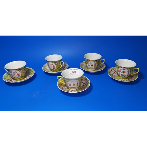 170 - A set of 5 Chinese Famille Jaune cups and saucers with painted decorative panels