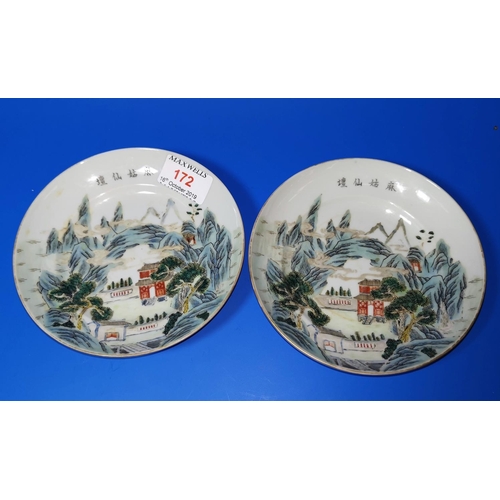 172 - A p air of Chinese porcelain plates with polychrome decoration of mountain landscapes, marks to base... 