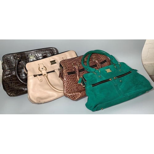 717 - 4 MONDALU handbags in dust bags; brown crocodile effect 2 handle tote; similar emerald green suede e... 