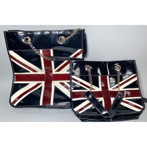726 - 2 used Union Jack patent tote bags  with labels 