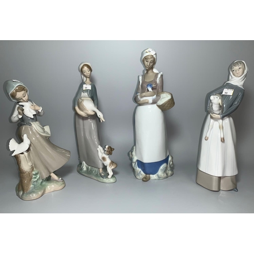 99 - 3 Lladro figures - girls with doves, geese & lamb; Nao figure of girl; a Rex figure of a girl with d... 