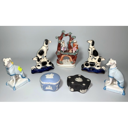 100 - A STAFFORDSHIRE flat back figure group 19cm, 2 pairs of china dogs etc