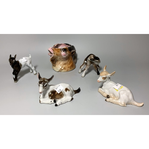 128 - 4 Rosenthal figures of young goat kids: a Royal Bayreuth goat head jug
