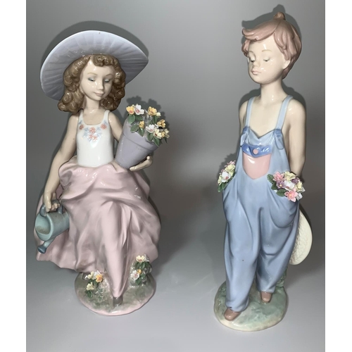 18 - Two Lladro figures - girl in hat with a pot of flowers (neck and hat a.f.) and boy in dungarees with... 
