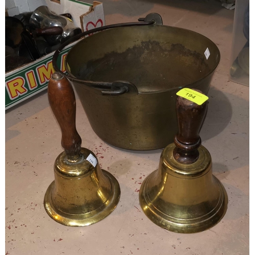 194 - An ARP brass hand bell G&J 1939 stamp; a similar bell & brass jam pan