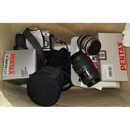 219 - A PENTAX MZ-7 camera and 3 lenses: 70 - 210mm, 24 - 90mm 35 - 80mm, accessories and original box, a ... 