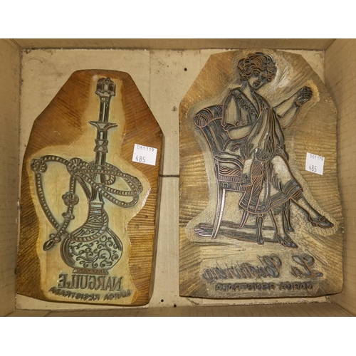 485 - A linen trade mark printing block NARGUILE (trans: hookah) 19cm and another La COSTURERA, 20cm