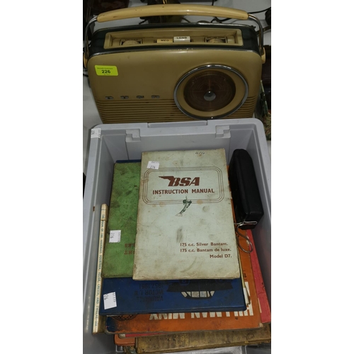 226 - A BUSH radio and a selection of car manuals, a BSA Bantom manual etc