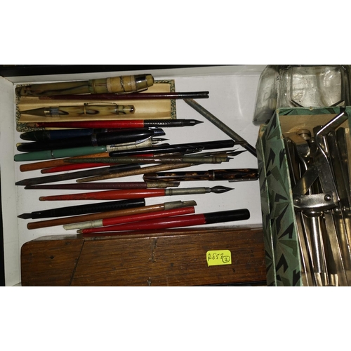 304 - A collection of vintage pens and writing utensils, a vintage wool winder and a selection of vintage ... 