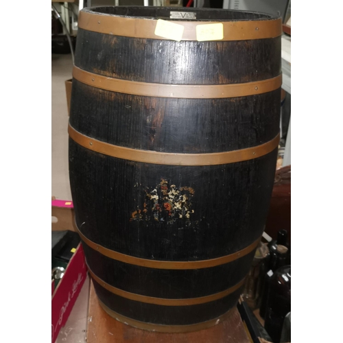 307 - A copper bound barrel with armorial transfer, bearing label Made from Battleships of Britain