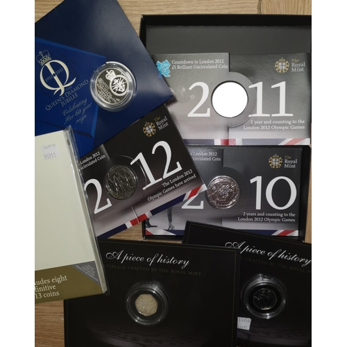 393 - GB: 4 Olympic 2012 commemorative crowns in presentation packs; an Alderney £5, 2 other coins, a 2013... 