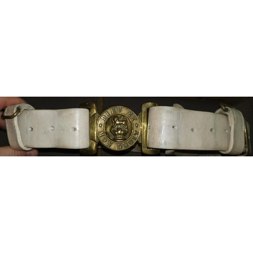 535 - A Victorian white leather dress belt 17th Highland Light Infantry, brass buckle