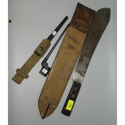 537 - A MARTINDALE military issue machete stamped IB/4424 1950 in Blackman sheath, 51cm overall and an Enf... 