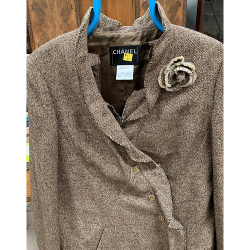 714 - A Chanel 2 piece brown tweed ladies suit size 42; a selection of scarves including Chanel, Louis Vui... 