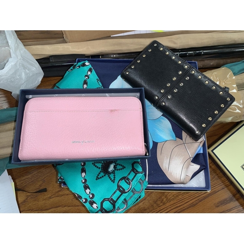 728 - A boxed Aspinal London pink purse; 2 silk scarves; a Michael Kors black purse