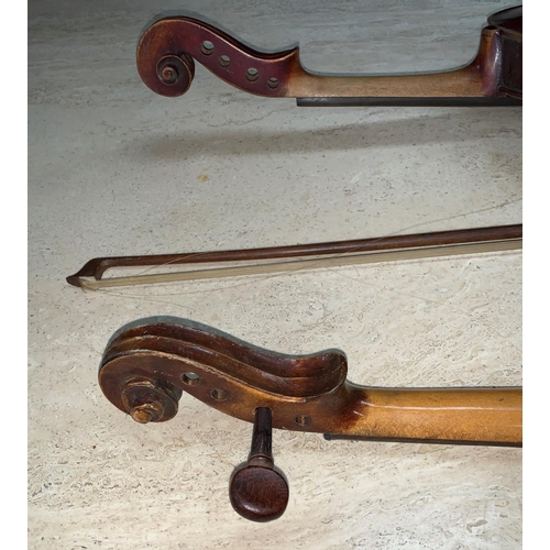 669 - An old violin with two piece back stamped HOPF 35.8cm and another violin 33.8cm, a violin bow unmark... 