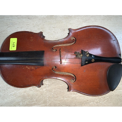 671 - A MIRECOURT violin with two piece back labelled: Lutherie Artistique, Charles Fetique, a Mirecourt (... 
