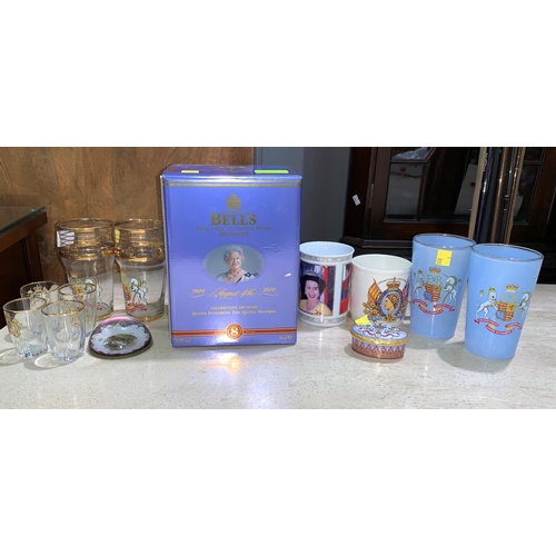 704 - A boxed decanter of Whiskey, Queen Mother's 100 birthday; a selection of commemorative china & glass