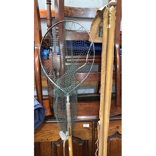 791 - A Heavy vintage Hardy Palakona 3 section 17' cane rod with 2 end sections & bag; a Harding landing n... 