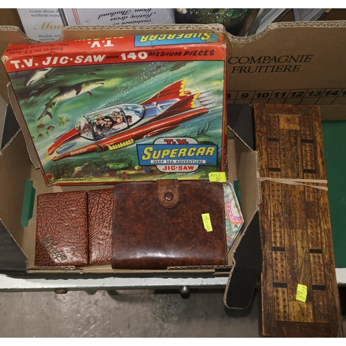 861 - A 1960's super car jigsaw; a cribbage box; 2 bridge packs and a large selection of mid 20th century ... 