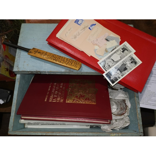 770 - A collection of vintage sporting autographs; 2 miniature cricket bats; 2 x L.C.C. Ken Grieves glasse... 