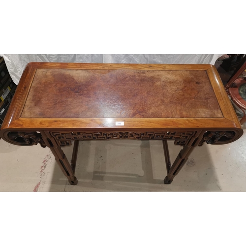 330 - A late 19th/early 20th century Chinese hardwood altar table, with rounded ends and pierced frieze on... 