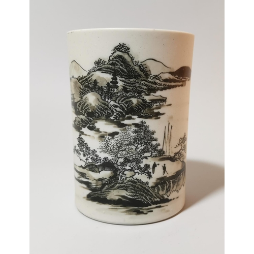 127a - A Chinese white bisque porcelain brush pot, bitong, enamelled landscape decoration, 12 cm