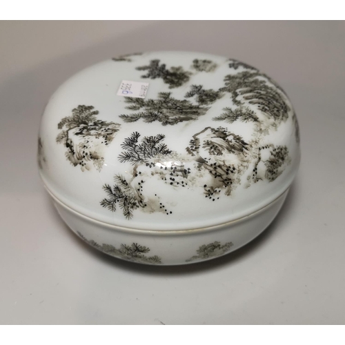 335b - A 20th century Chinese box/covered bowl decorated with fruiting tree and branches in black an d grey... 
