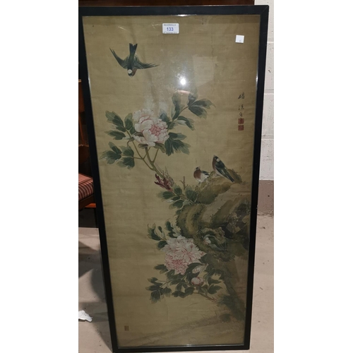 133 - A 19th century Chinese large watercolour on  silk depicting finches on a peony type flowering plant,... 