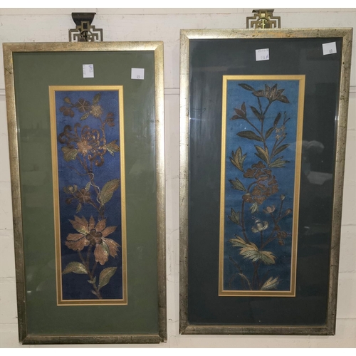 134a - A Chinese pair of panels embroidered with gold and silvered metal thread in the form of flowering pl... 