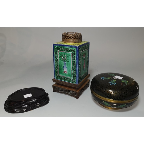 331 - A Japanese porcelain square section tea jar with pierced wood cover (a.f.); a cloisonné covered bowl... 