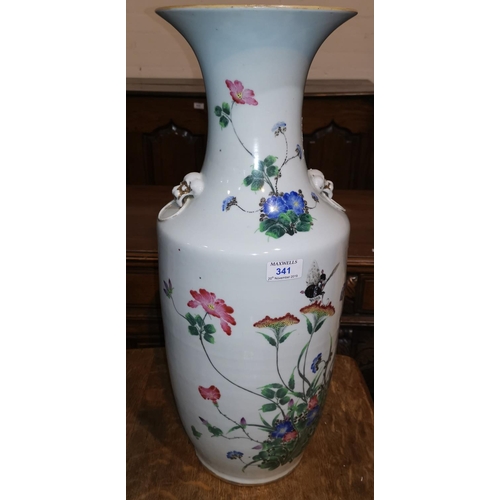 341 - A large mid 19th century Chinese famille rose rouleau shape vase decorated with exotic flowers and i... 