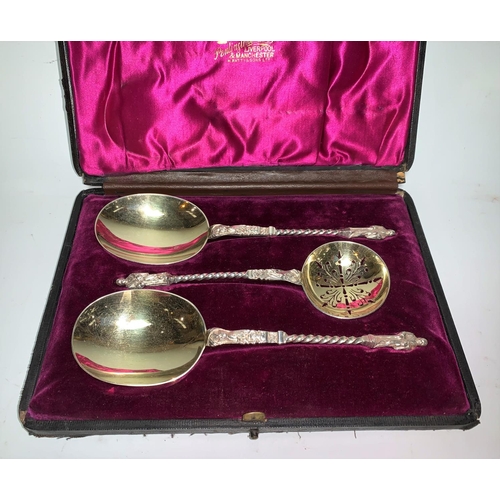 392 - A set of silver gilt fruit spoons, pair of servers and a sifter spoon, cased, W Hutton, London 1898
