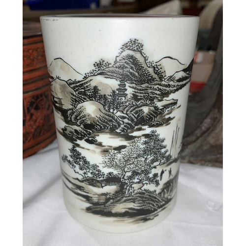 127a - A Chinese white bisque porcelain brush pot, bitong, enamelled landscape decoration, 12 cm
