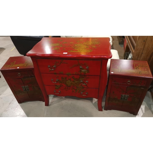 116 - A pair of modern red and gilt lacquer chinoiserie side cabinets and similar 3-height chest of drawer... 