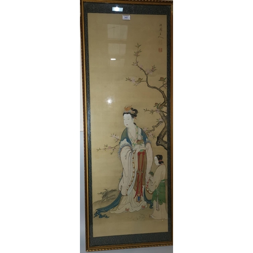 342 - A large water colour on silk depicting an aristocratic woman and girl by a flowering cherry tree, si... 