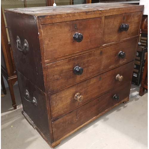 635 - A 19th century mahogany military style chest of 3 long and 2 short drawers with turned ebonised hand... 
