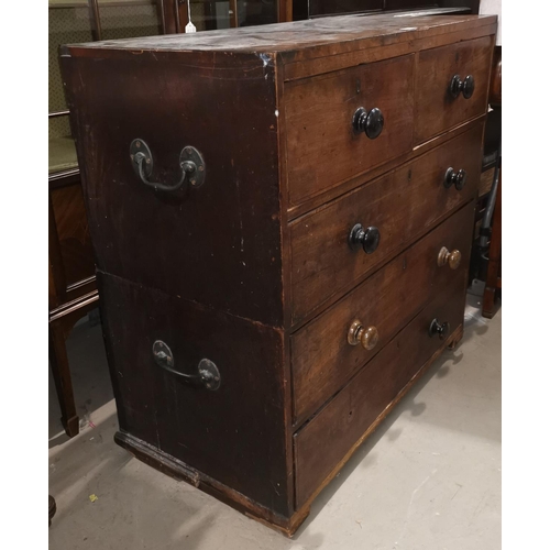 635 - A 19th century mahogany military style chest of 3 long and 2 short drawers with turned ebonised hand... 